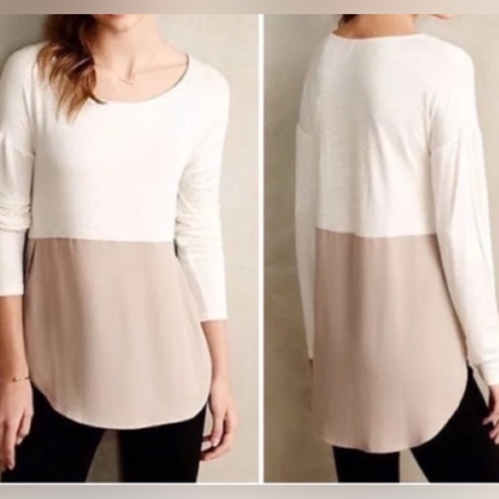 Anthropologie Meadow Rue Mela Tunic Cream/Tan Chiffon Long Sleeve Scoop Neck L